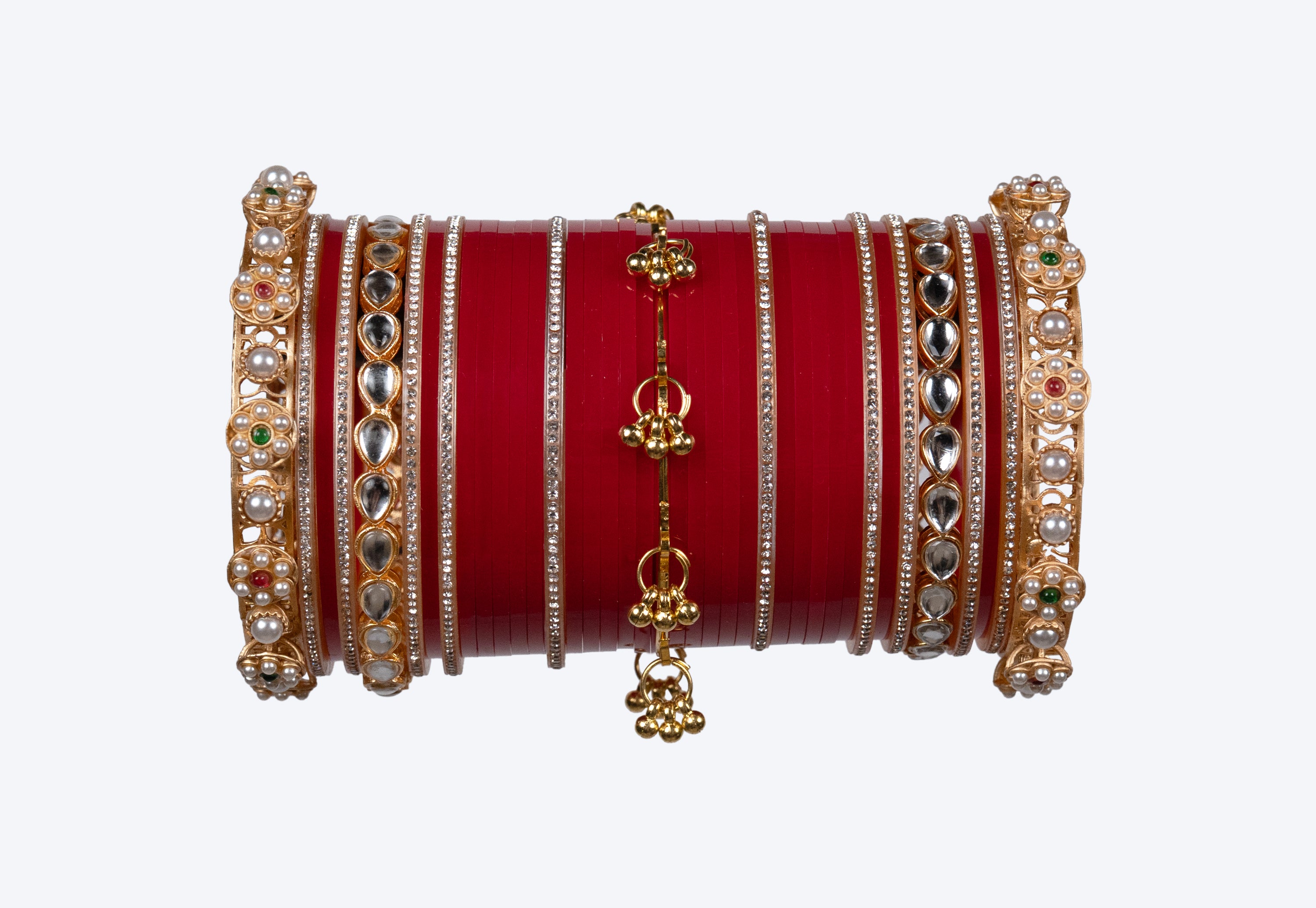 Luxury Red Bridal Chura Set with Kundan, Pearl & Stone Designer Bangles