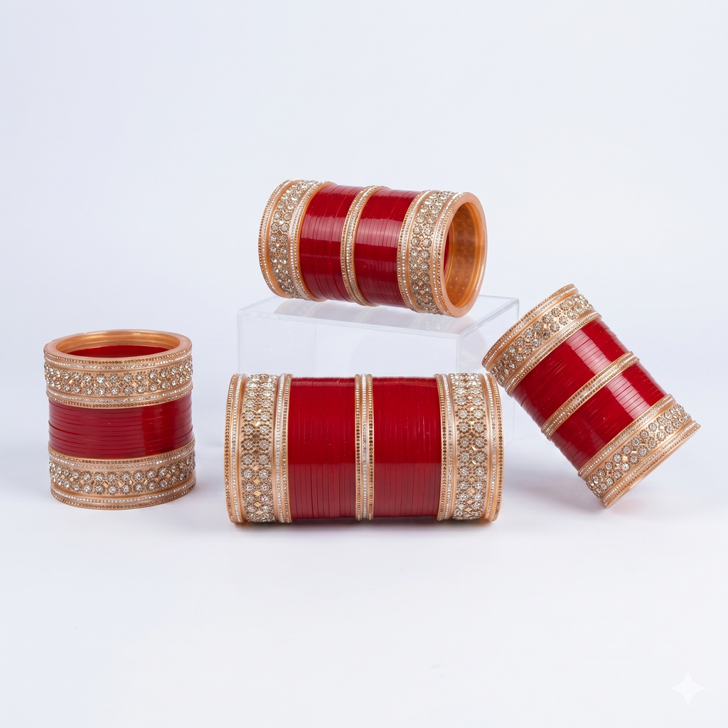 Premium Red Bridal Chura Set with Rose Gold Crystal Designer Bangles