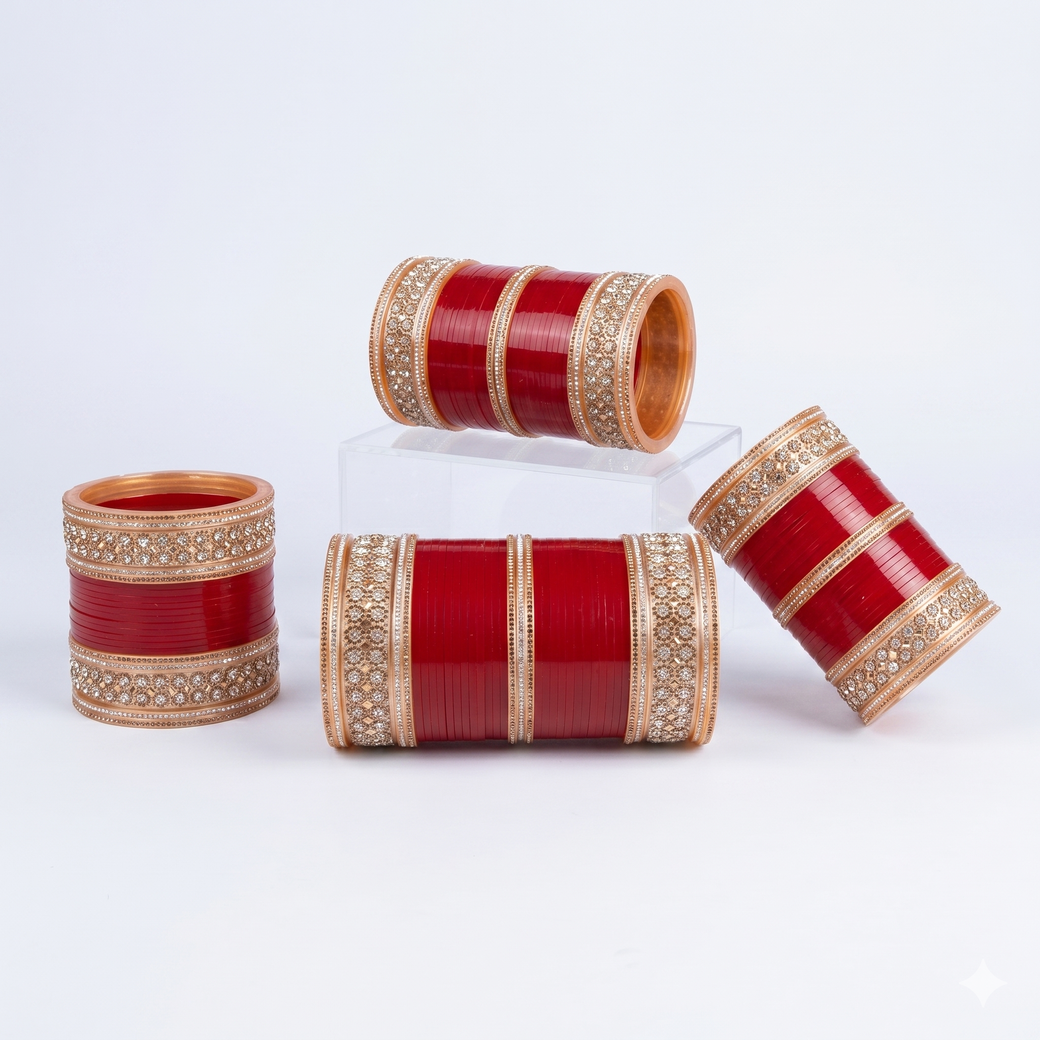 Premium Red Bridal Chura Set with Rose Gold Crystal Designer Bangles