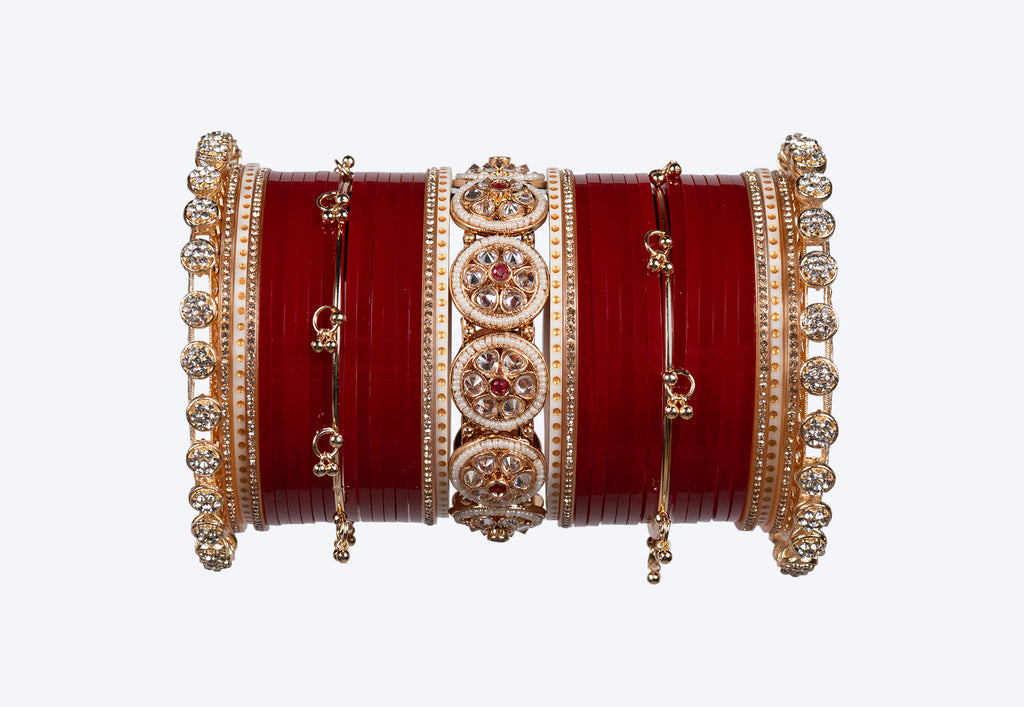 Royal Red Bridal Chura Set with Premium Kundan Center Kada & Designer Stone Bangles