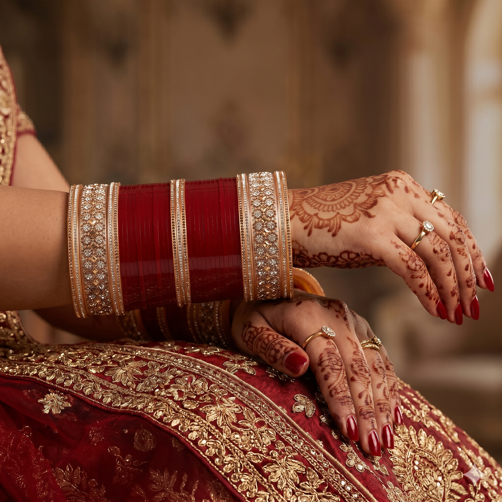 Premium Red Bridal Chura Set with Rose Gold Crystal Designer Bangles
