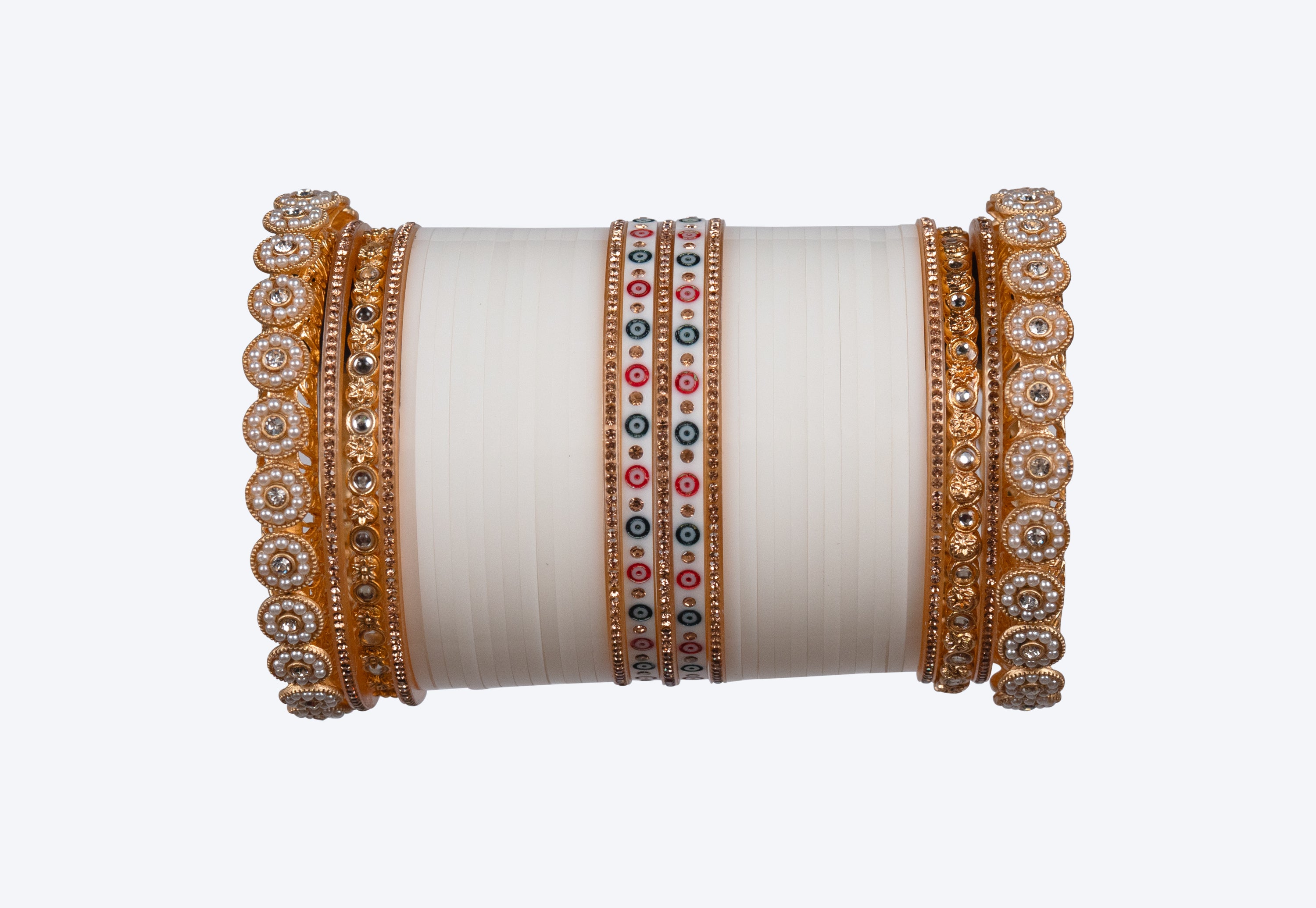 Elegant Ivory Bridal Chura Set with Pearl, Stone & Designer Gold Bangles