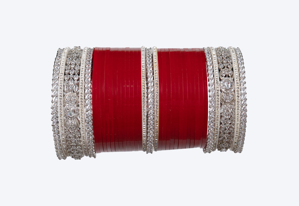 Premium Red Bridal Chura Set with Silver CZ Stone Designer Bangles