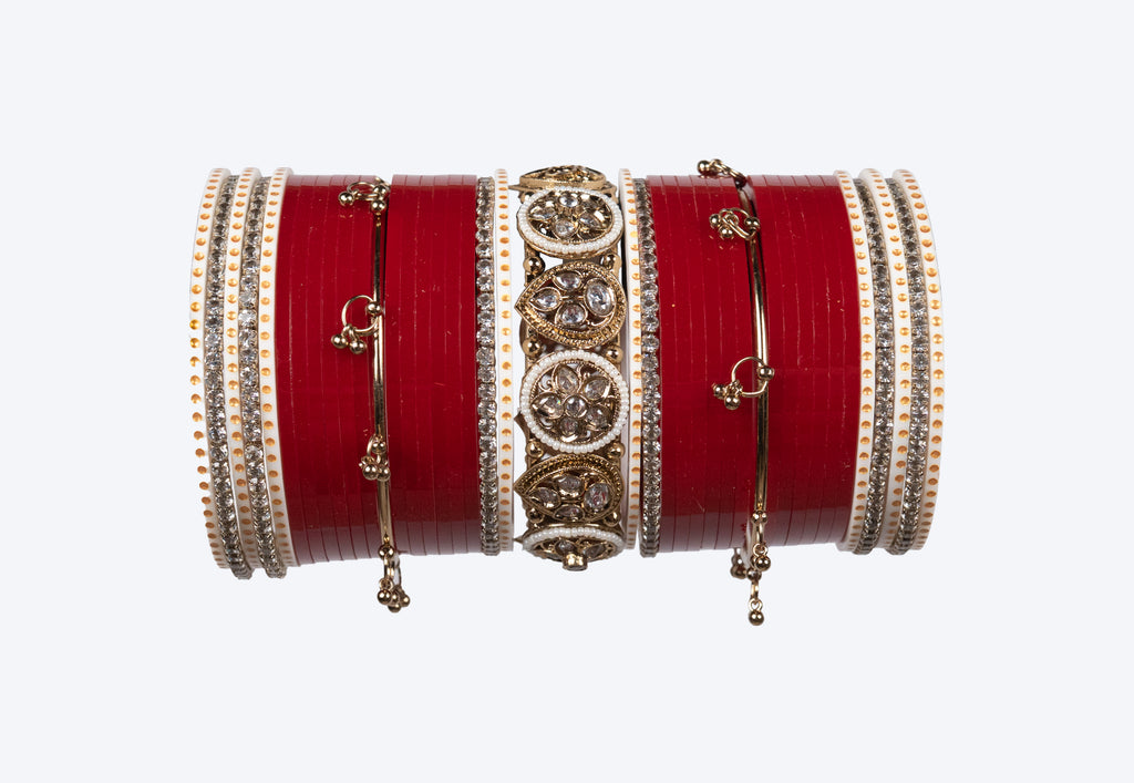 Royal Red Bridal Chura Set with Kundan Center Kada & Hanging Bangles
