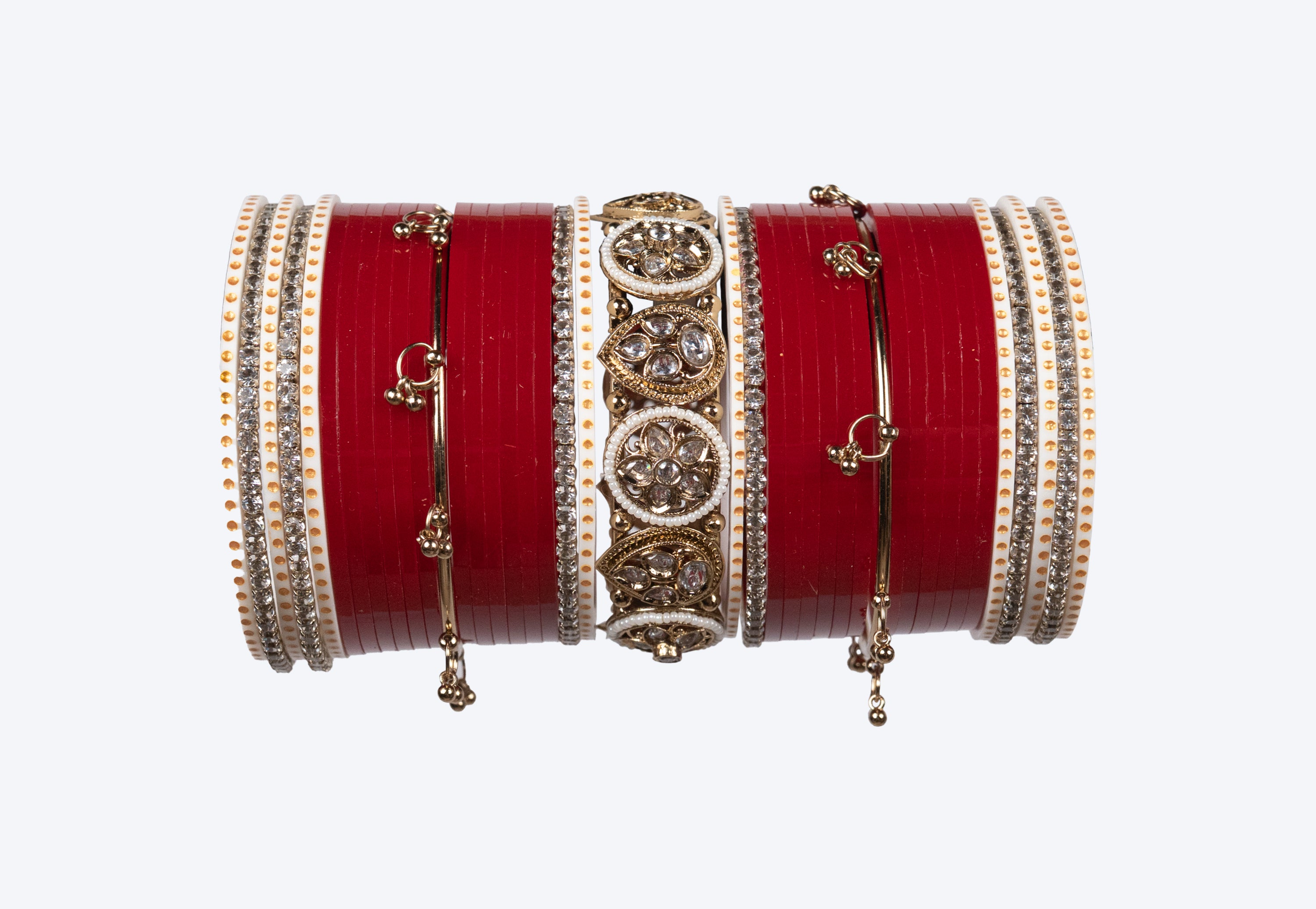 Royal Red Bridal Chura Set with Kundan Center Kada & Hanging Bangles