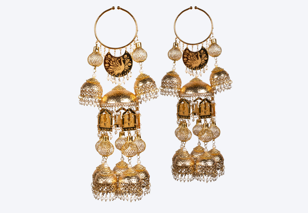 Royal Peacock Motif & Baraat Carving Multi-Tiered Gold Bridal Kaleerein