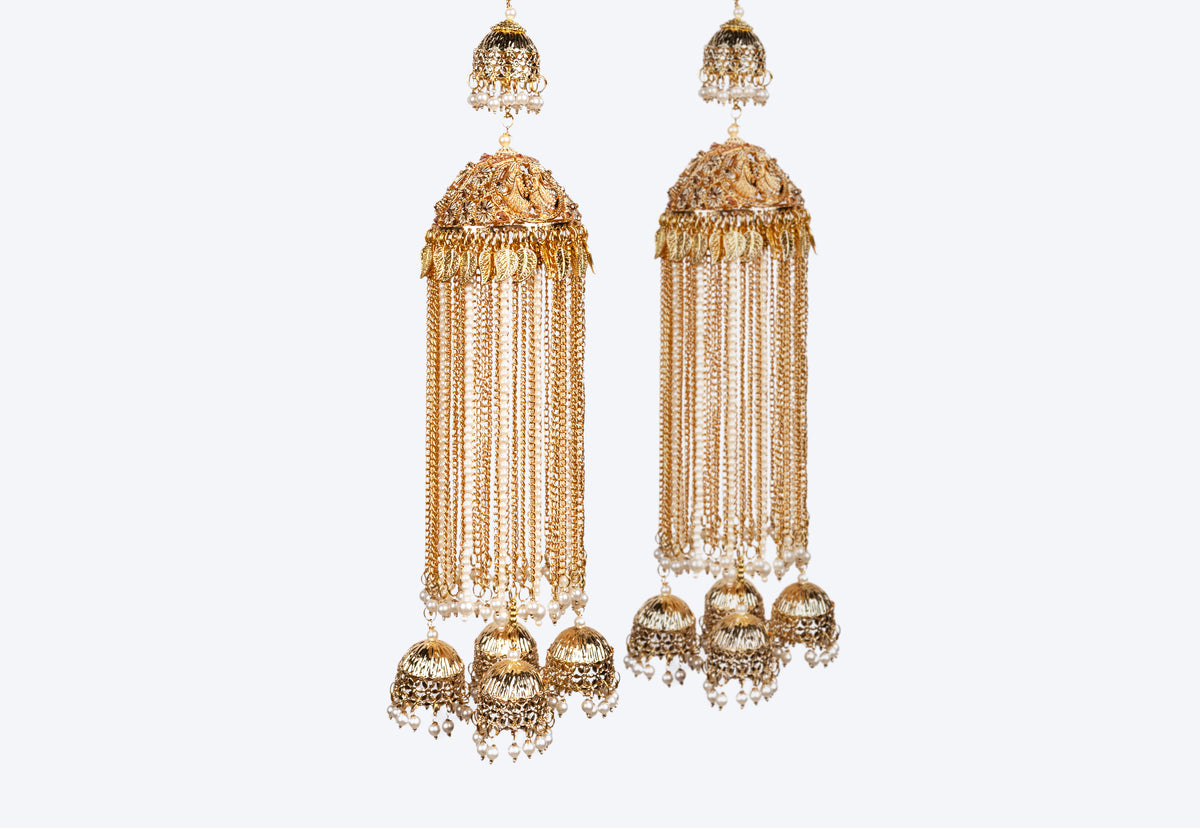 Regal Peacock Motif Waterfall Chain & Jhumka Bridal Kaleerein