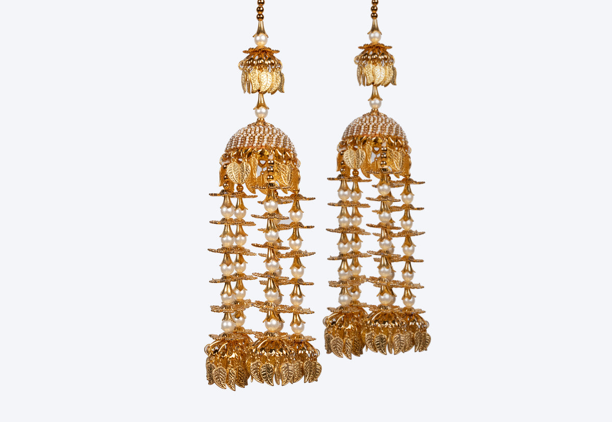 Regal Imperial Tiered Pearl & Gold Leaf Bridal Kaleerein