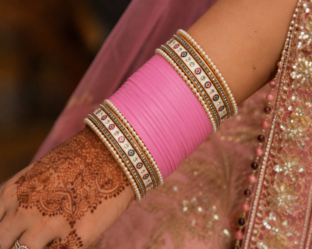 Premium Pink Bridal Chura Set with Pearl & Stone Designer Bangles