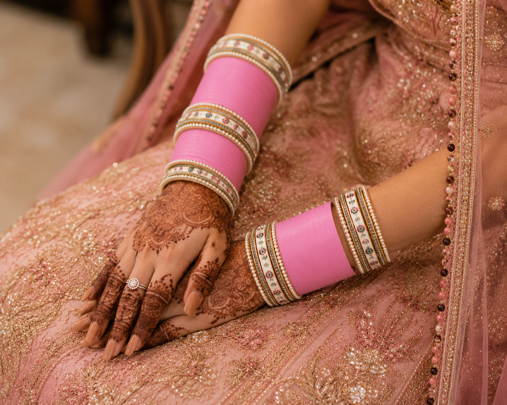 Premium Pink Bridal Chura Set with Pearl & Stone Designer Bangles
