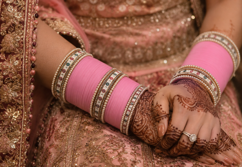Premium Pink Bridal Chura Set with Pearl & Stone Designer Bangles