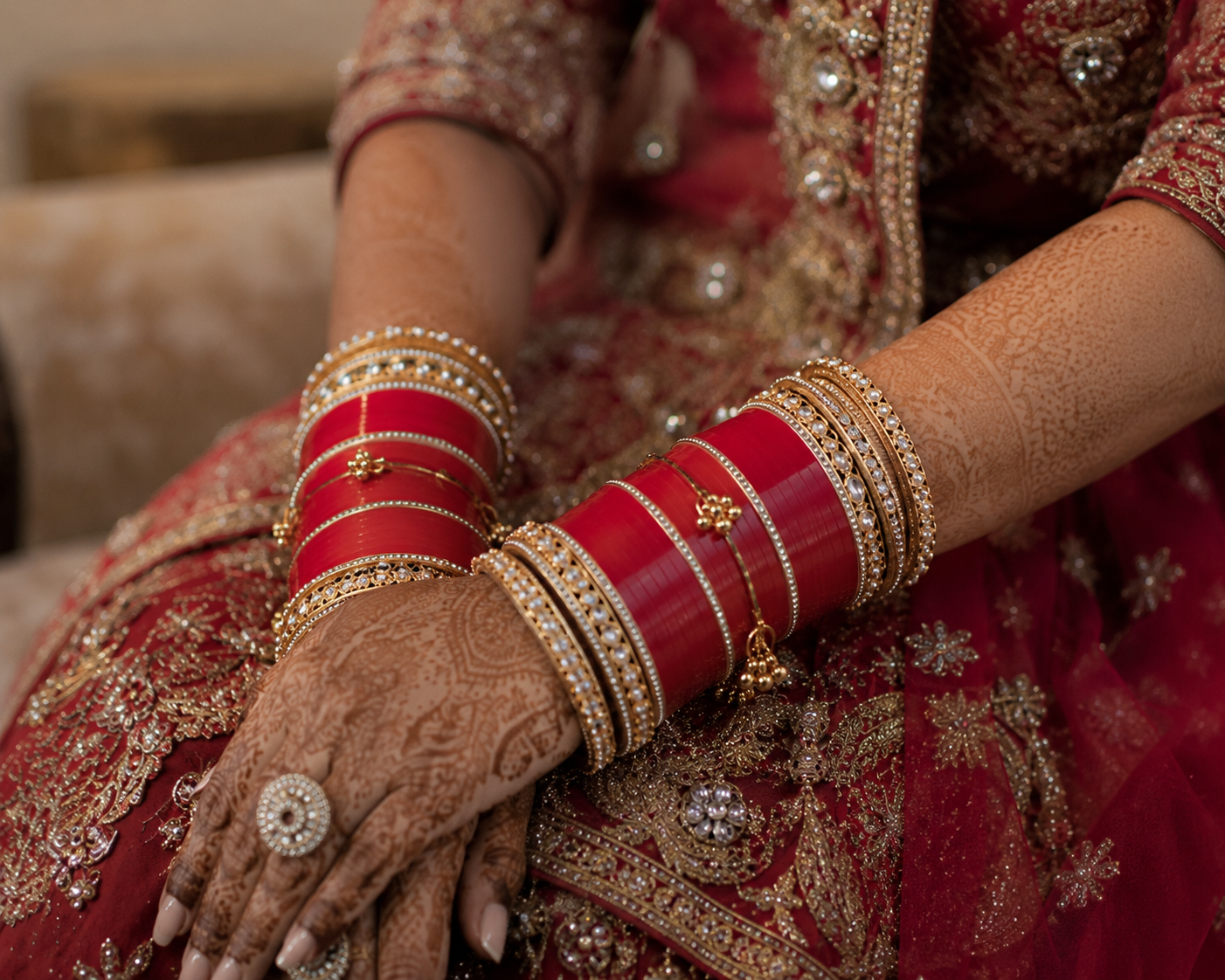 Luxury Red Bridal Chura Set with Kundan, Pearl & Stone Designer Bangles