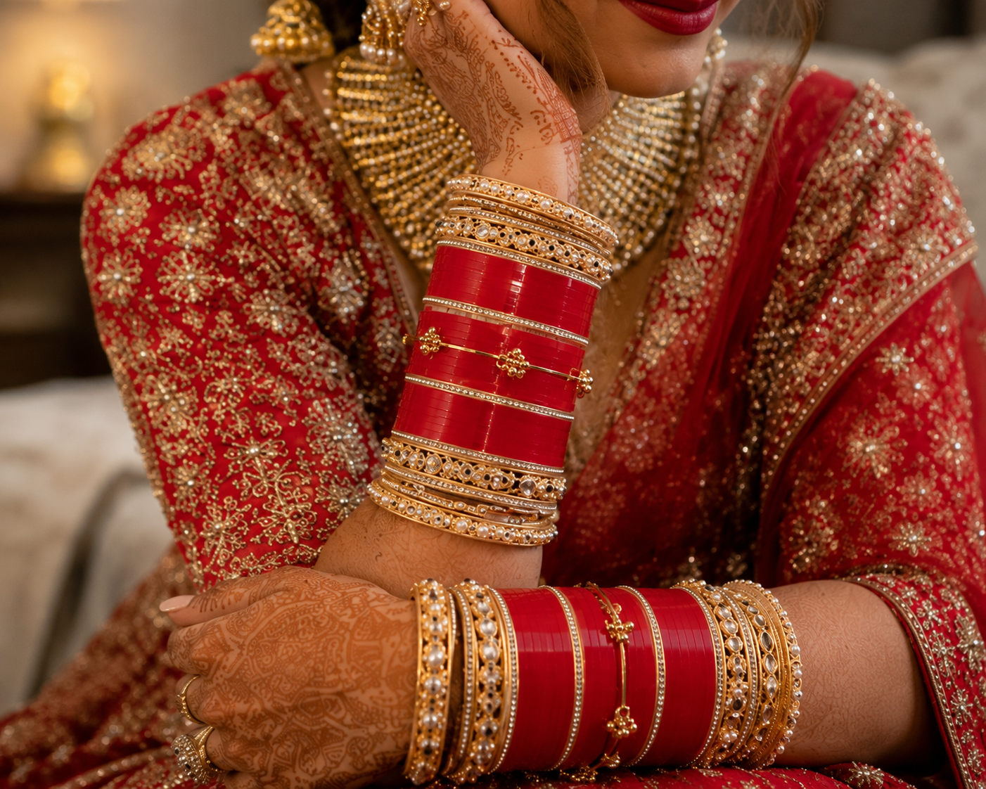 Luxury Red Bridal Chura Set with Kundan, Pearl & Stone Designer Bangles