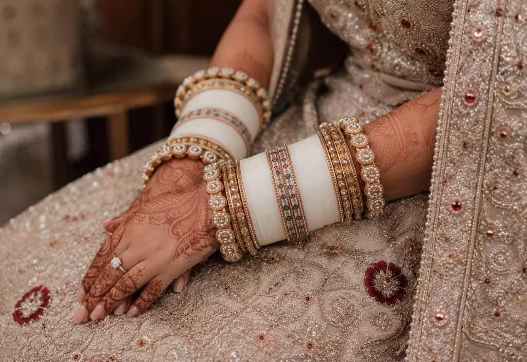 Elegant Ivory Bridal Chura Set with Pearl, Stone & Designer Gold Bangles
