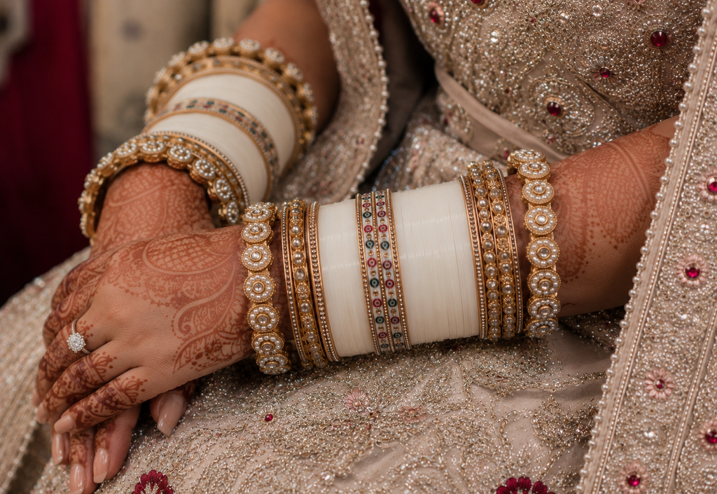 Elegant Ivory Bridal Chura Set with Pearl, Stone & Designer Gold Bangles