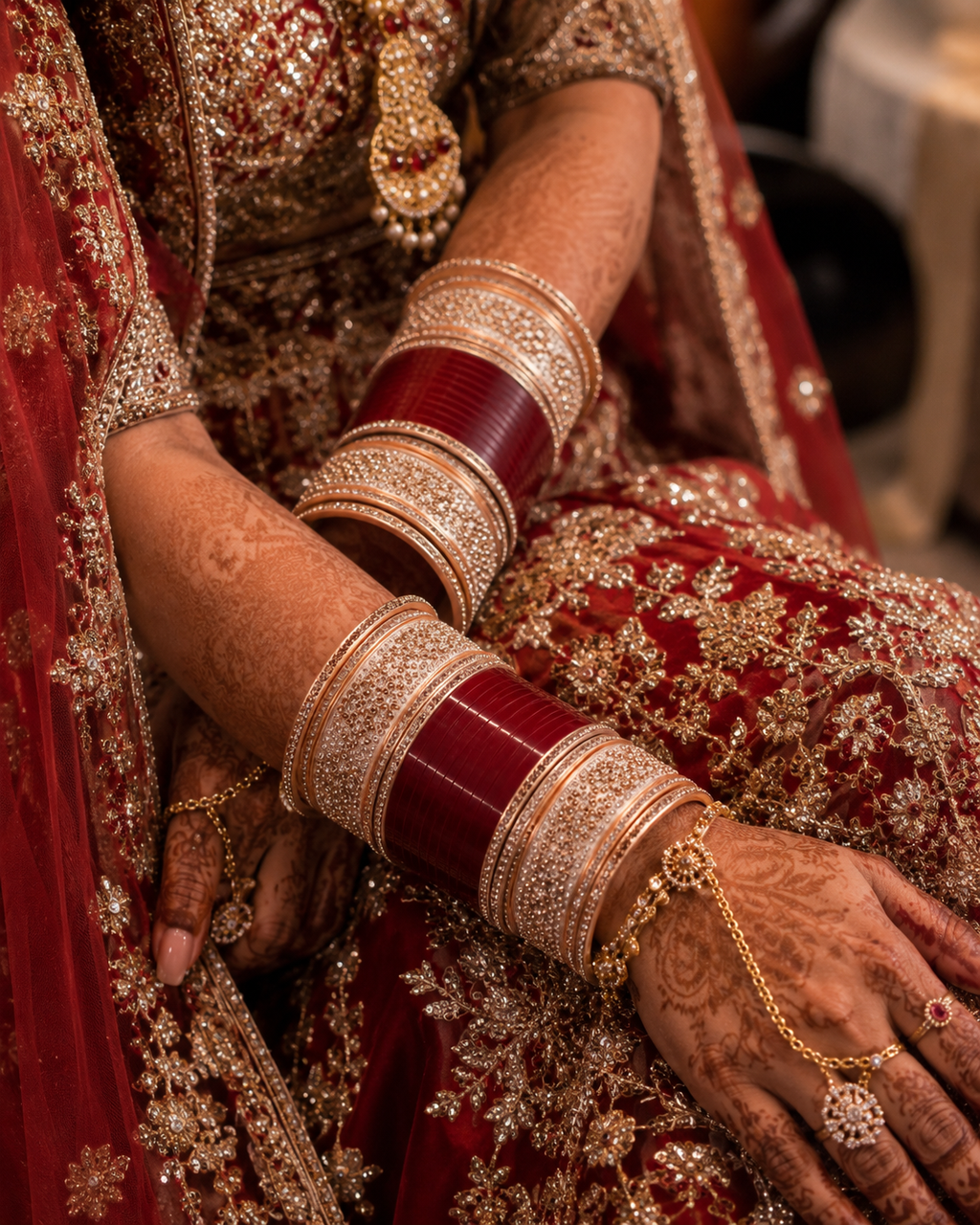 Premium Red Bridal Chura Set with Crystal Stone Designer Bangles