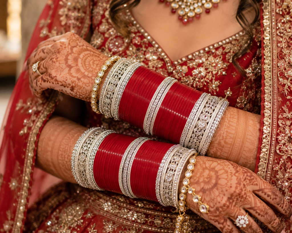 Premium Red Bridal Chura Set with Silver CZ Stone Designer Bangles