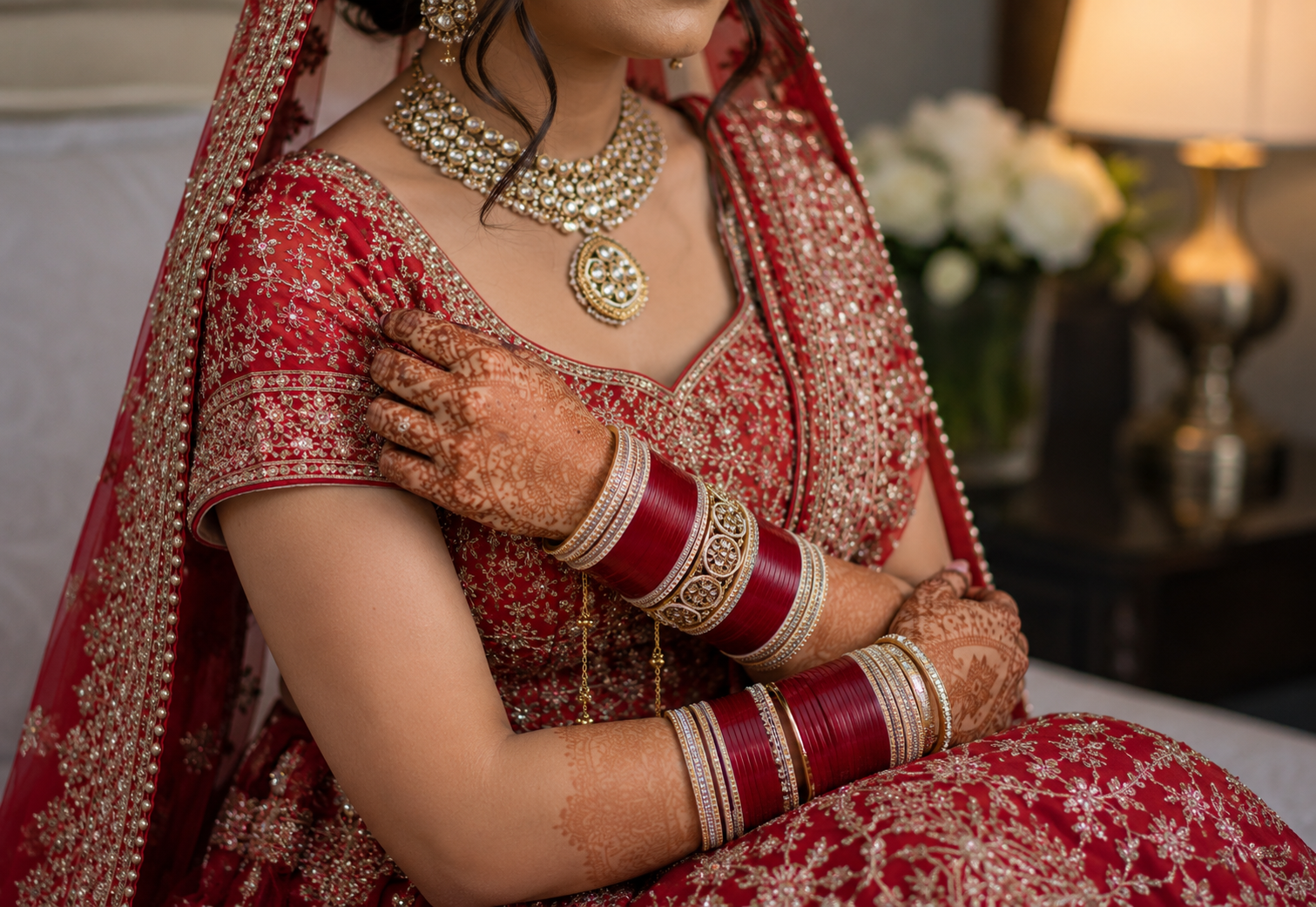 Royal Red Bridal Chura Set with Kundan Center Kada & Hanging Bangles