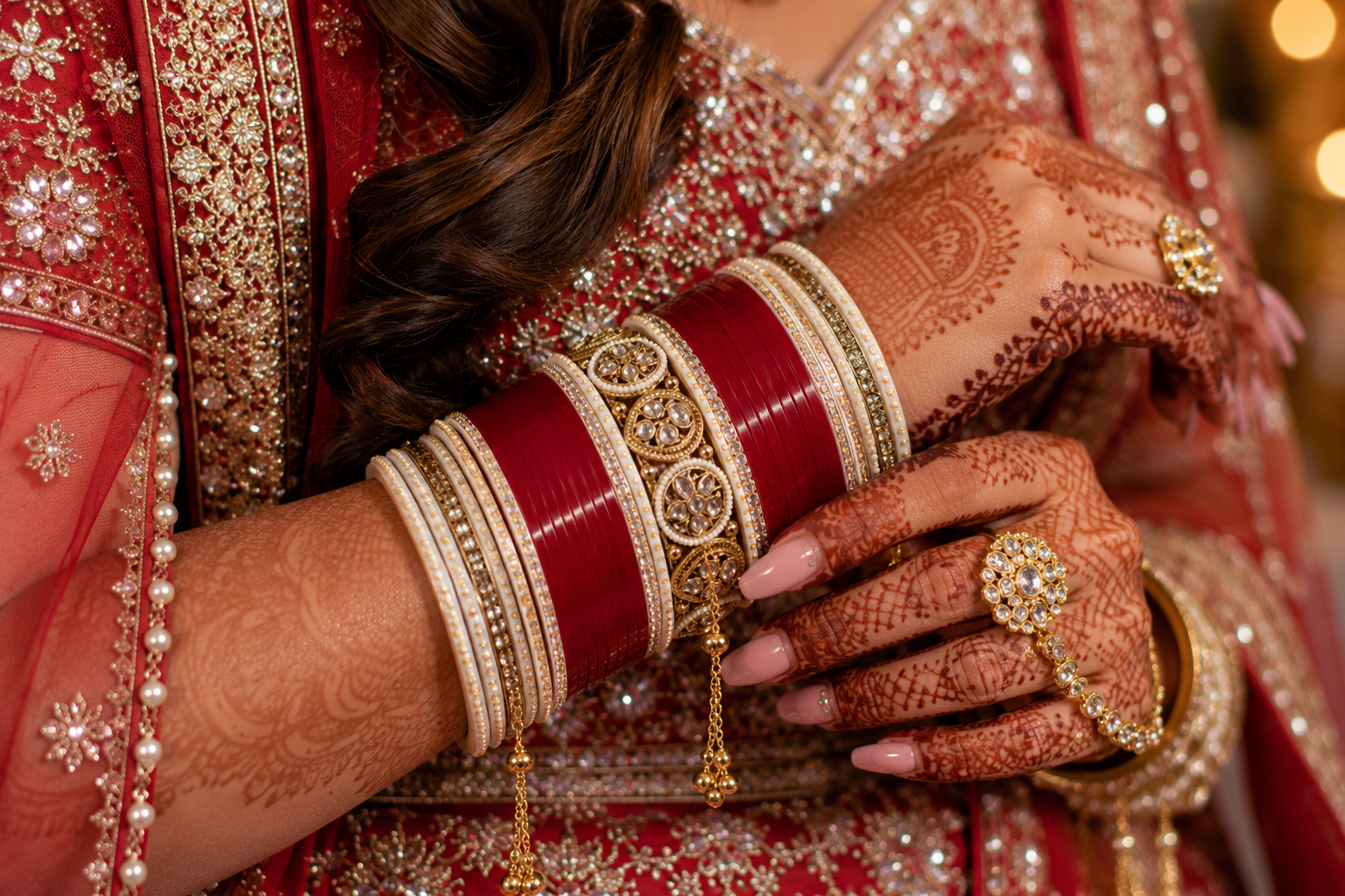 Royal Red Bridal Chura Set with Kundan Center Kada & Hanging Bangles