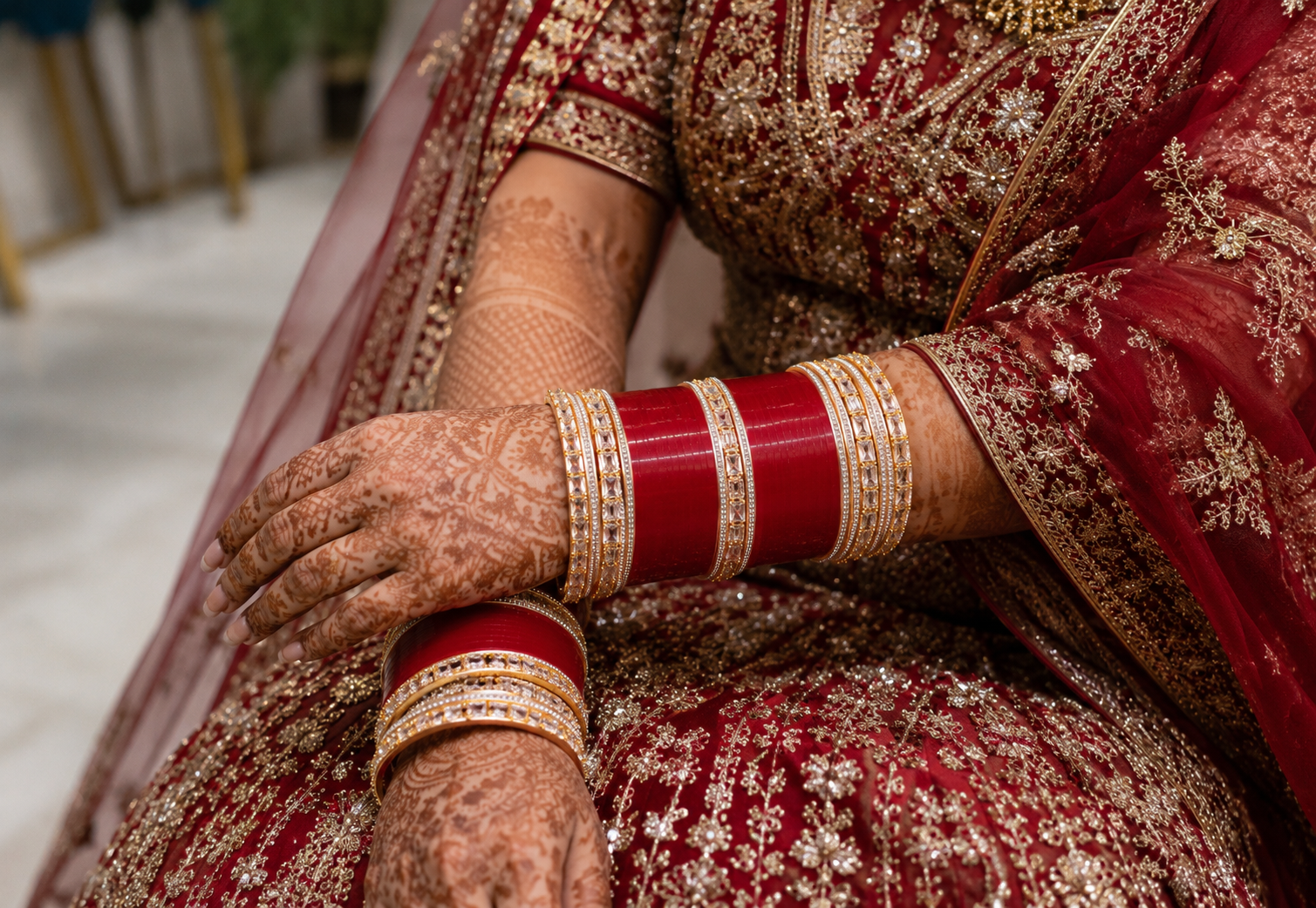 Luxury Red Bridal Chura Set with Premium CZ Crystal Designer Bangles