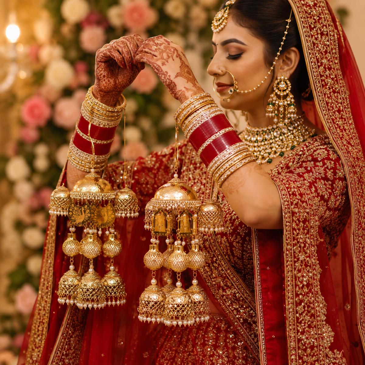 Royal Peacock Motif & Baraat Carving Multi-Tiered Gold Bridal Kaleerein