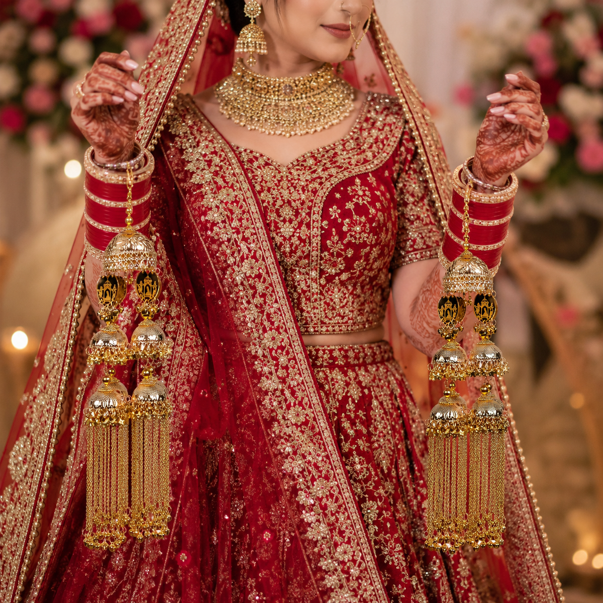 Royal Doli-Baraat Carved Gold Chain & Jhumka Bridal Kaleerein