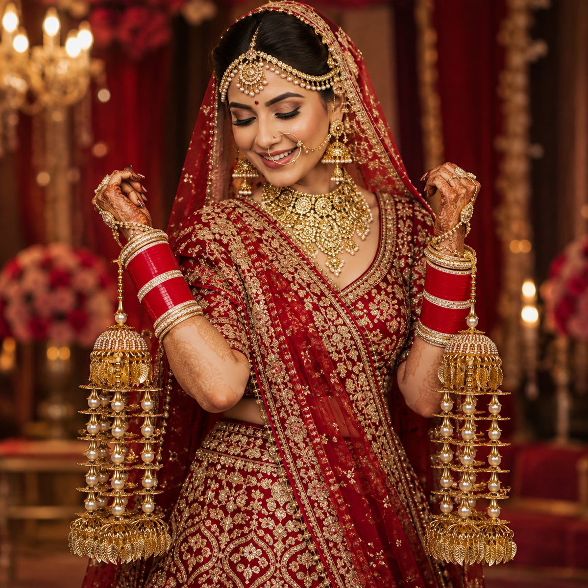 Regal Imperial Tiered Pearl & Gold Leaf Bridal Kaleerein