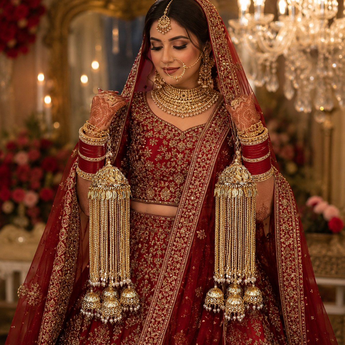 Regal Peacock Motif Waterfall Chain & Jhumka Bridal Kaleerein