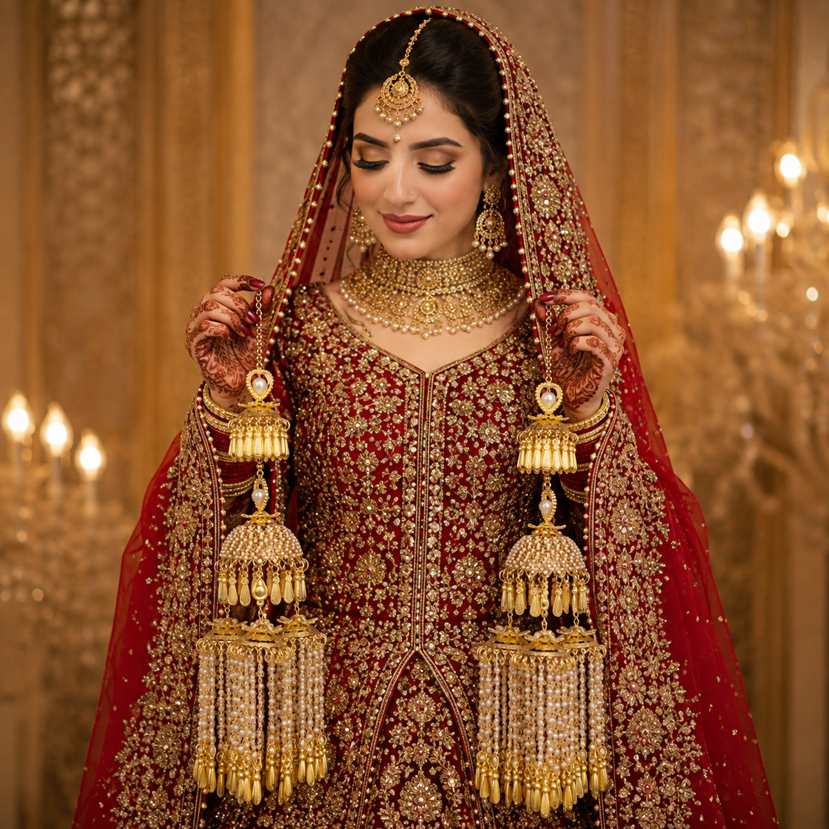 Vintage Floral Chandelier Pearl & Gold Leaf Bridal Kaleerein