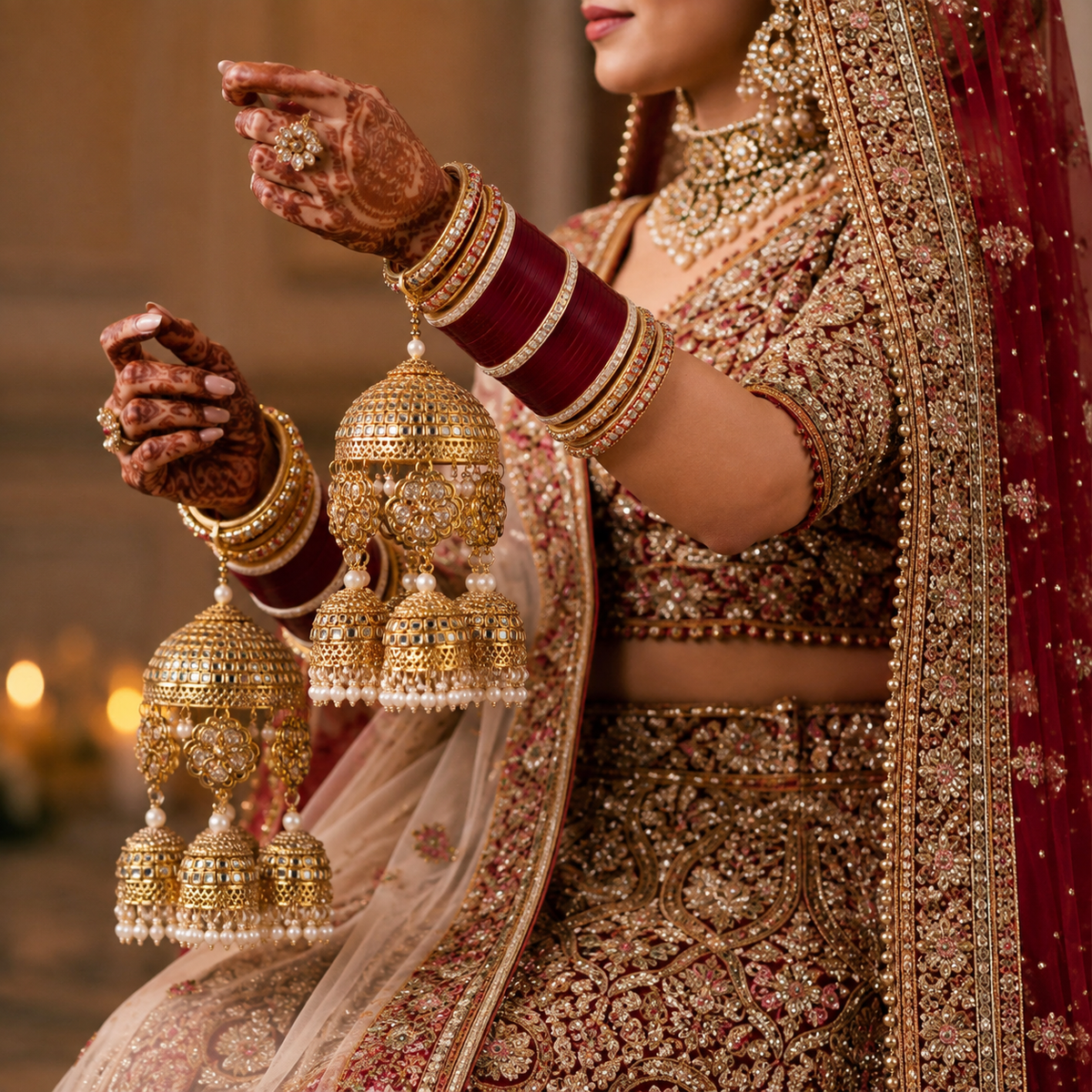 Regal Sheesha Mirror Work Floral Kundan Multi-Tiered Bridal Kaleerein