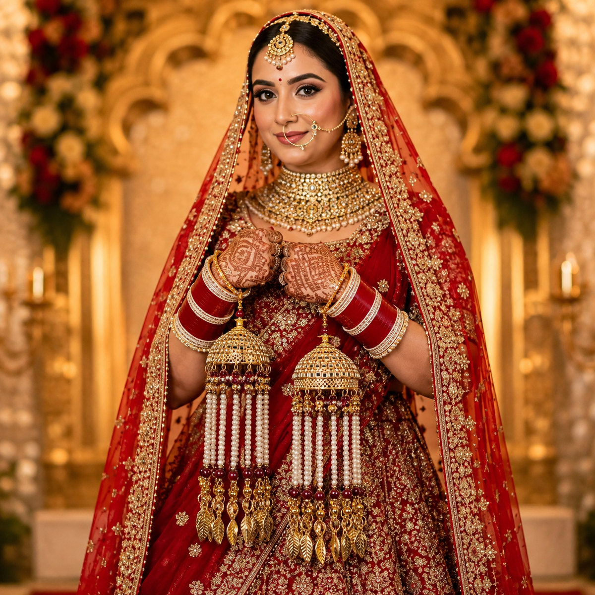 Vintage Mirror Work & Maroon Bead Pearl Bridal Kaleerein