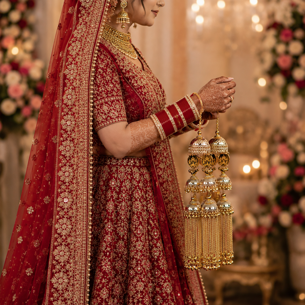 Royal Doli-Baraat Carved Gold Chain & Jhumka Bridal Kaleerein