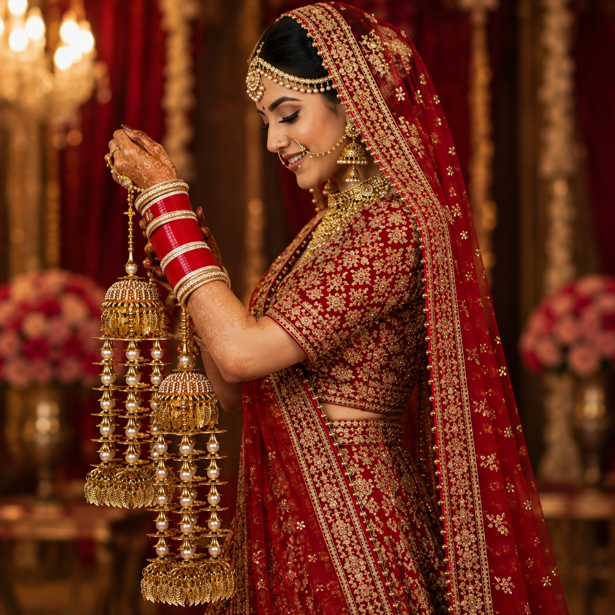 Regal Imperial Tiered Pearl & Gold Leaf Bridal Kaleerein