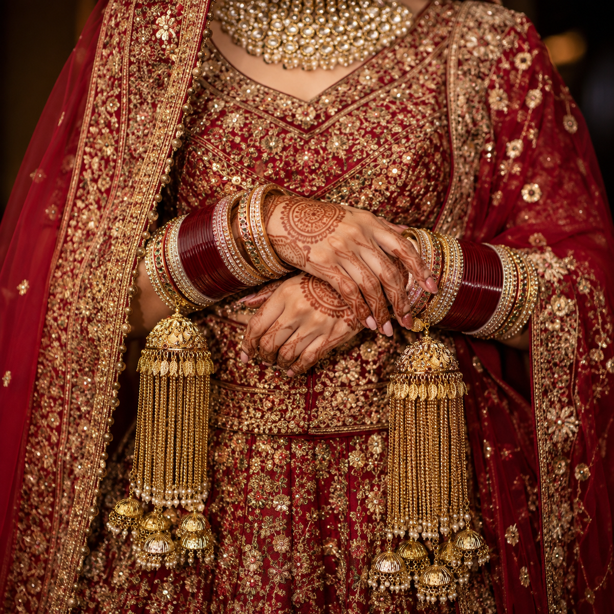 Regal Peacock Motif Waterfall Chain & Jhumka Bridal Kaleerein