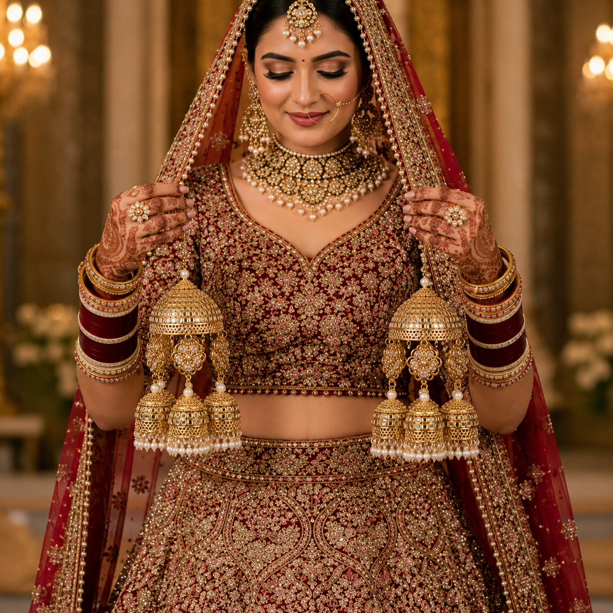 Regal Sheesha Mirror Work Floral Kundan Multi-Tiered Bridal Kaleerein