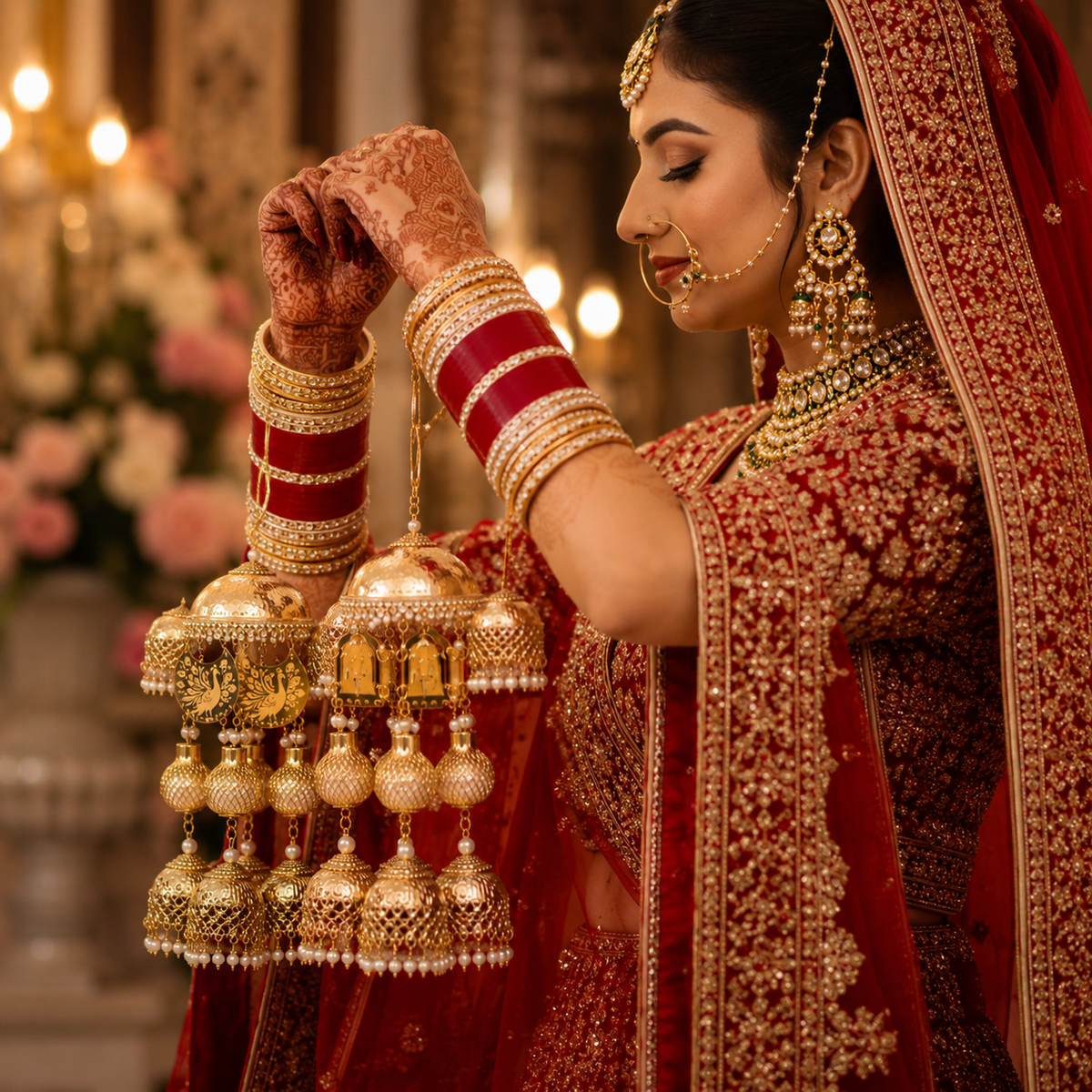 Royal Peacock Motif & Baraat Carving Multi-Tiered Gold Bridal Kaleerein